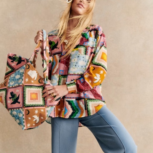 Sezane Tops - SÉZANE X PANGEA MAX SHIRT 100% Silk Button Down Long Sleeve Patchwork Multicolor